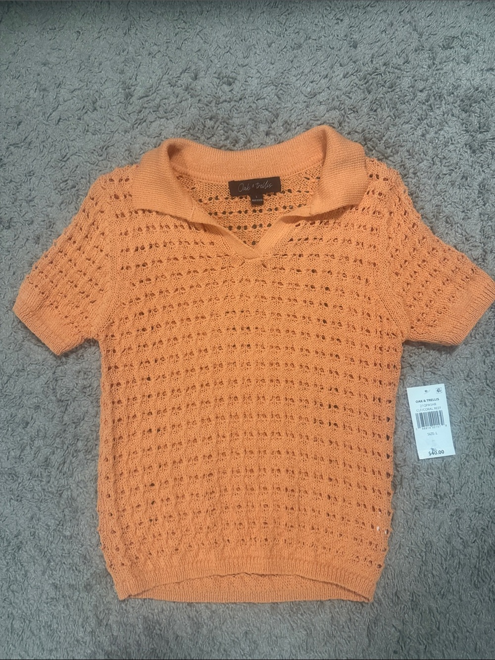 Oasis Peach-Orange Crochet V-Neck Short Sleeve Sweater